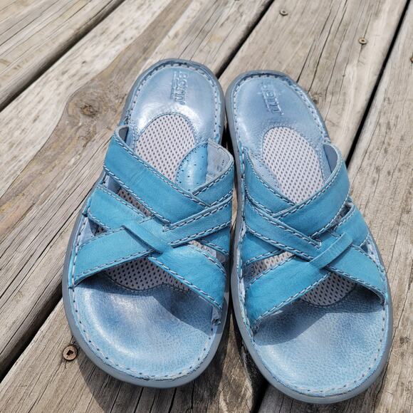 Born Slip on Strappy Sandals Size 8 EU 39 Flat Turquoise Leather - Picture 1 of 8